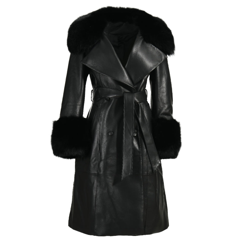 Winter Thick Warm Leather Trench Coat With Real Fox Fur Collar And Cuffs Fashion Long Genuine Leather Coat For Women