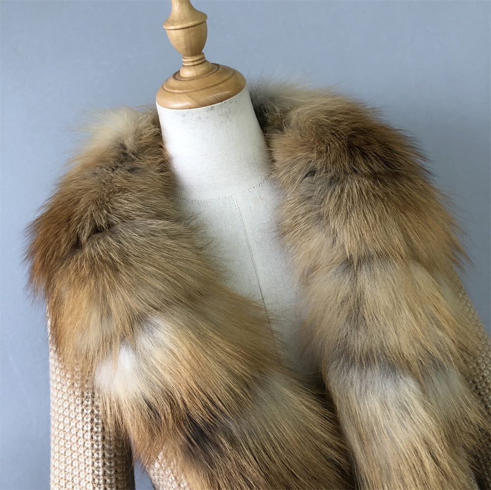 Jaxmonoy Winter Warm Short Style Cashmere Coat With Real Big Fox Fur Collar