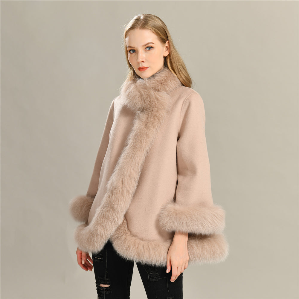 Jaxmonoy Elegant Women Cashmere Coat With Real Fur Collar Luxury Cloak