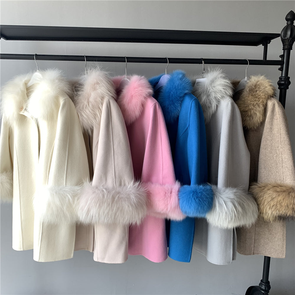 Jaxmonoy Stylish Cashmere Coat With Real Fur Collar And Cuffs Short Style