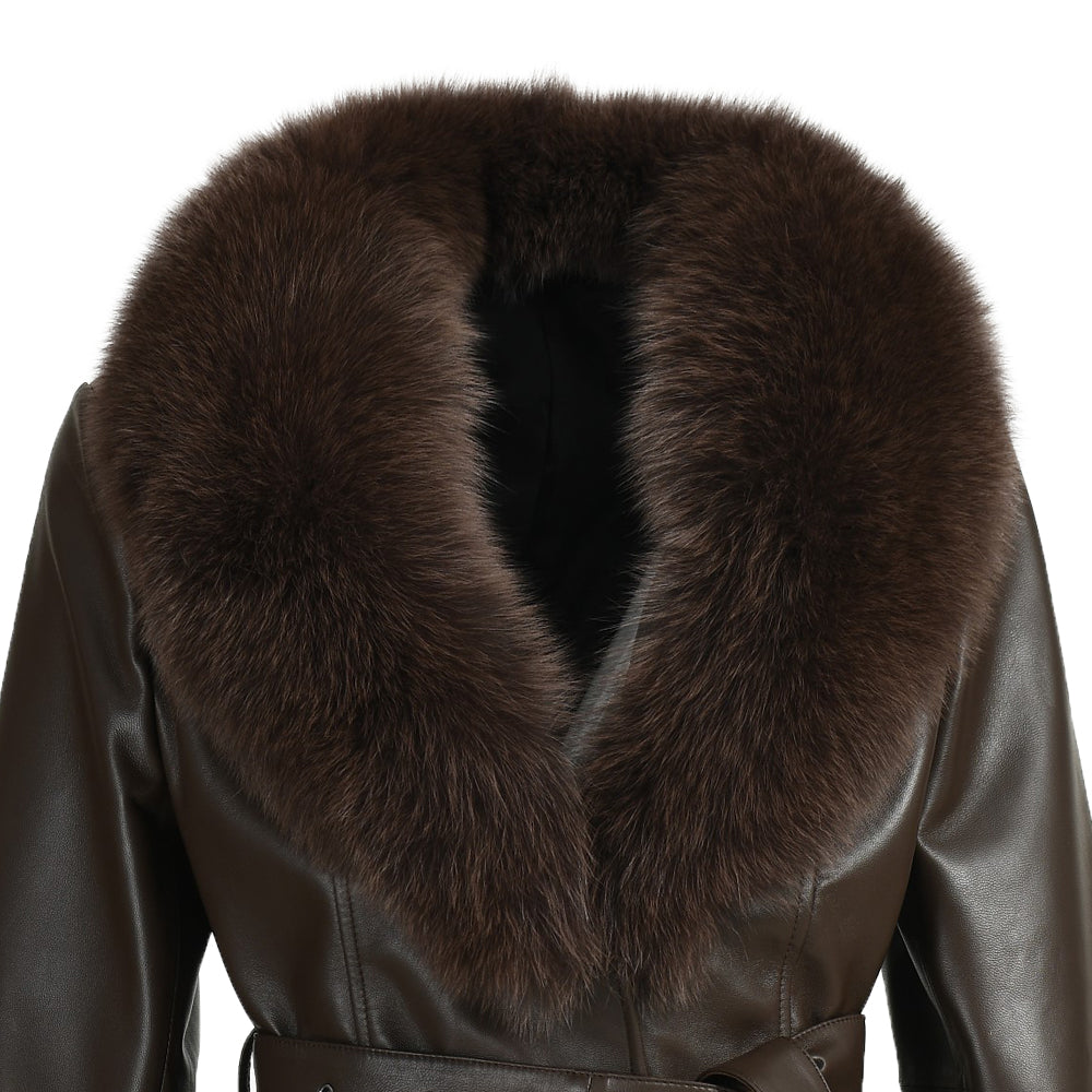 Regular Length Genuine Sheepskin Leather Coat With Real Fox Fur Collar And Cuffs Winter Women Leather Jacket Genuine