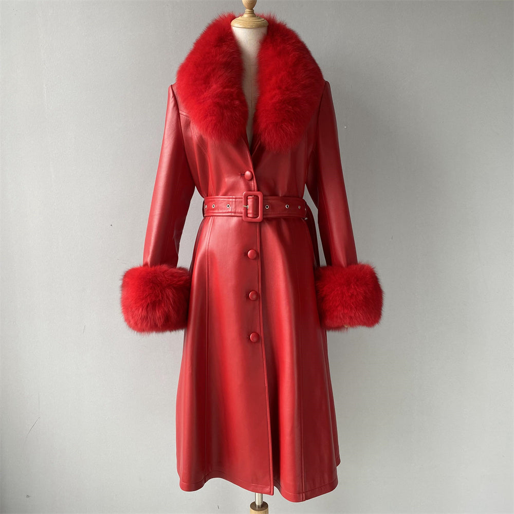 Jaxmonoy Leather Jacket Long Style Trench With Fox Fur Collar