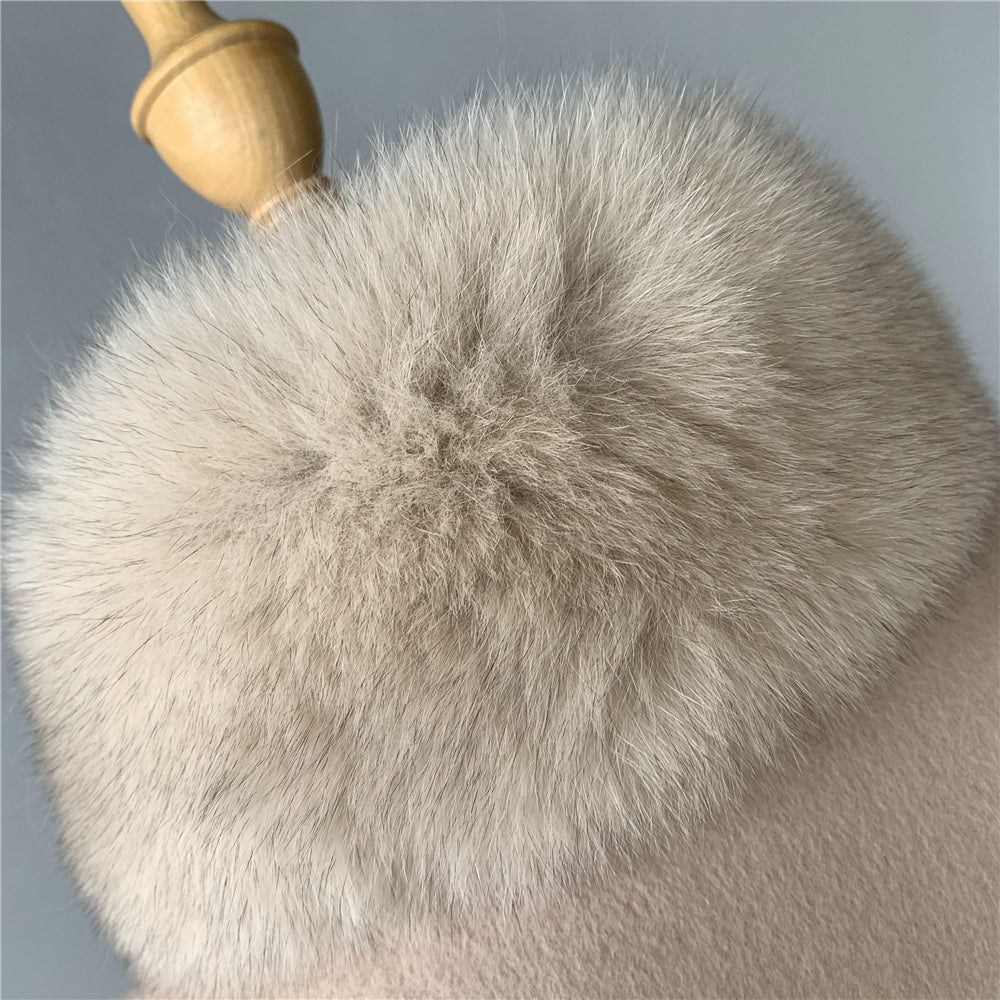 Jaxmonoy Women Cashmere Coat With Big Real Fur Collar And Sashes