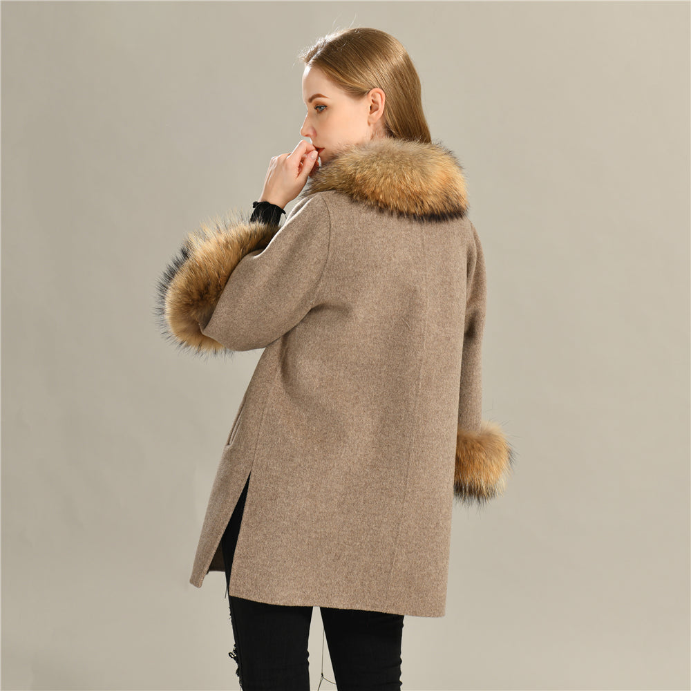 Jaxmonoy Stylish Cashmere Coat With Real Fur Collar And Cuffs Short Style