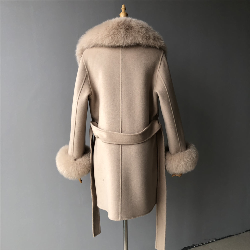Jaxmonoy Elegant Women Regular Style Cashmere Coat With Real Fox Fur Collar And Cuffs