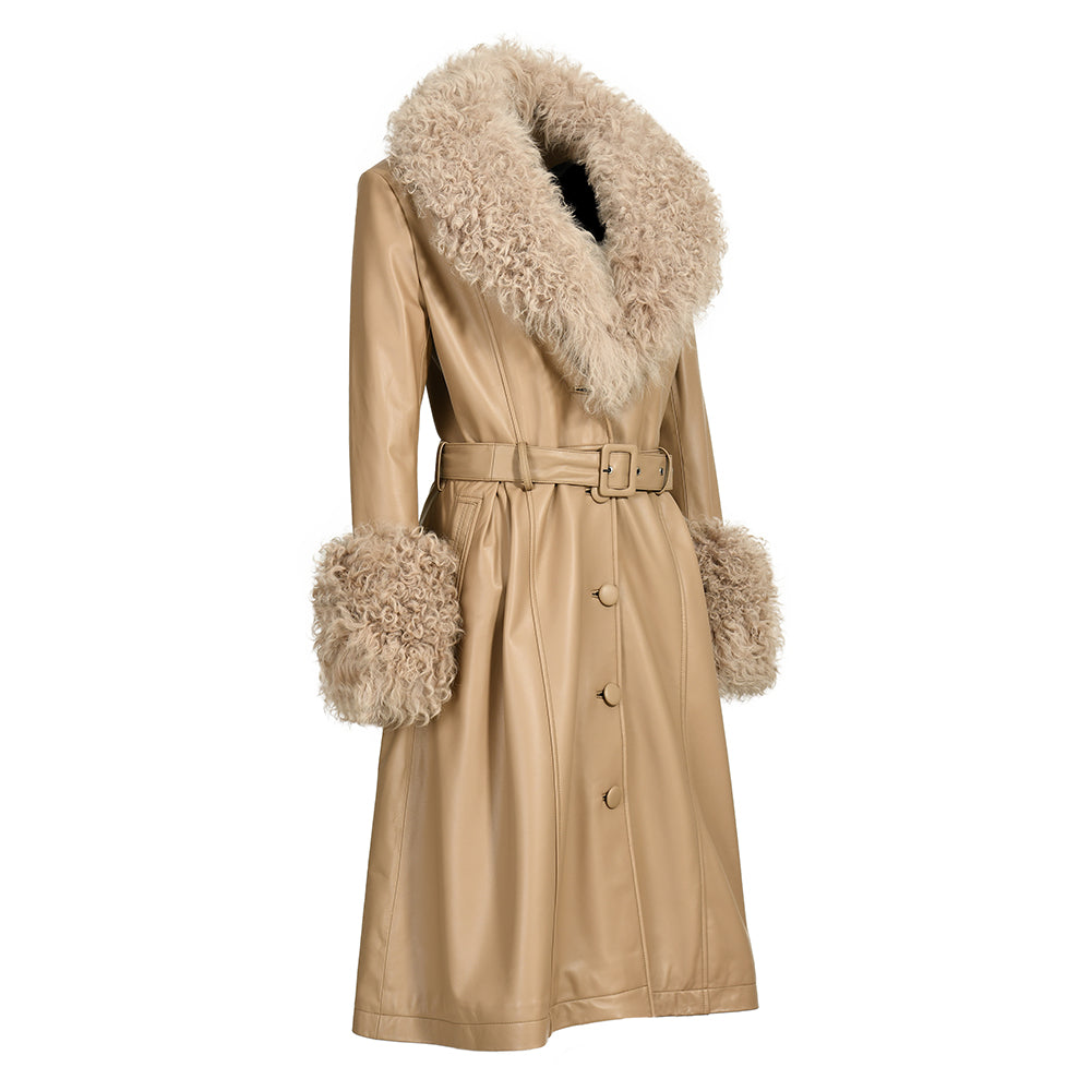 Custom Color Belt Design Genuine Leather Trench Coat With Sheep Fur