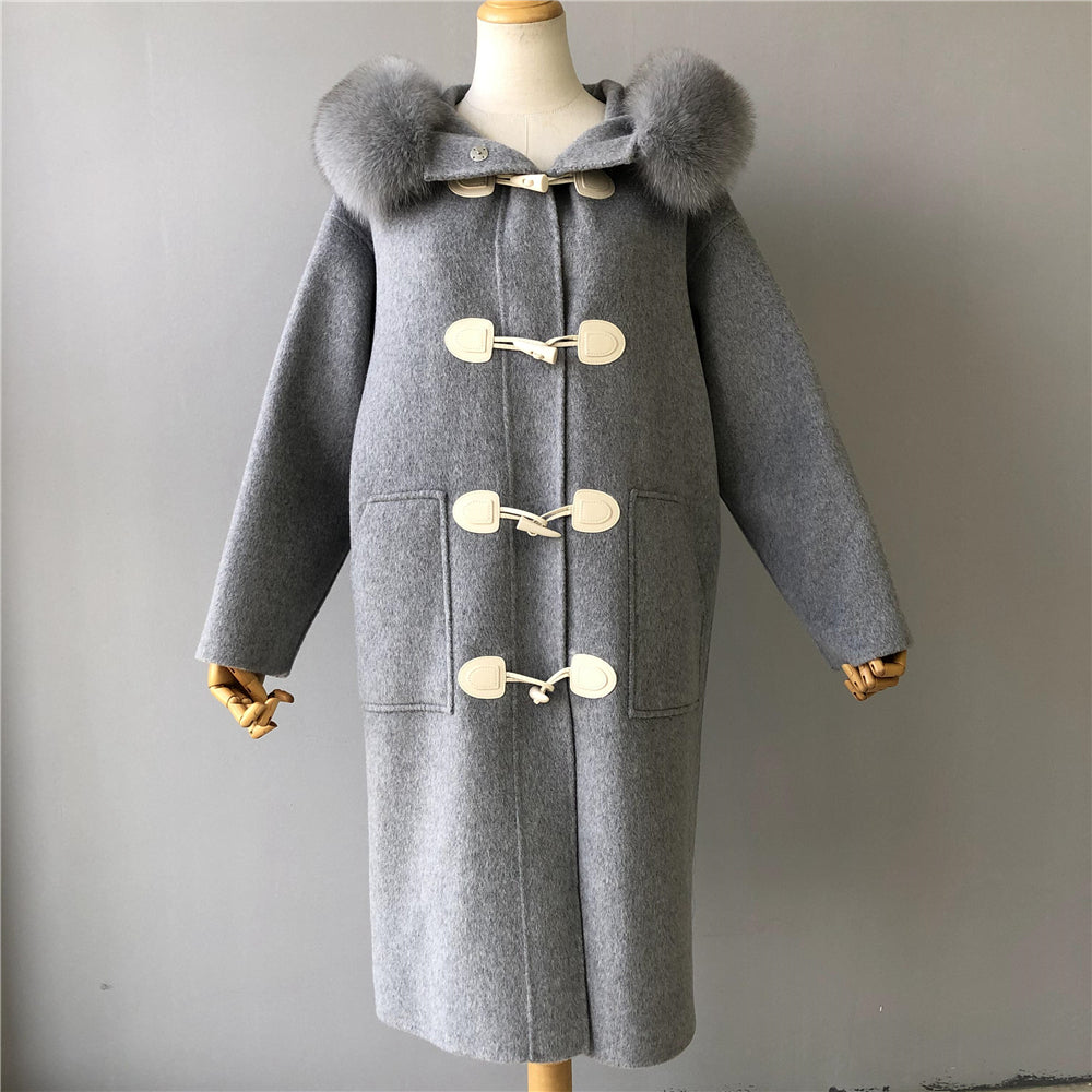 Jaxmonoy Women Cashmere Long Winter Coat Big Real Fur Jacket Horn Button Overcoat