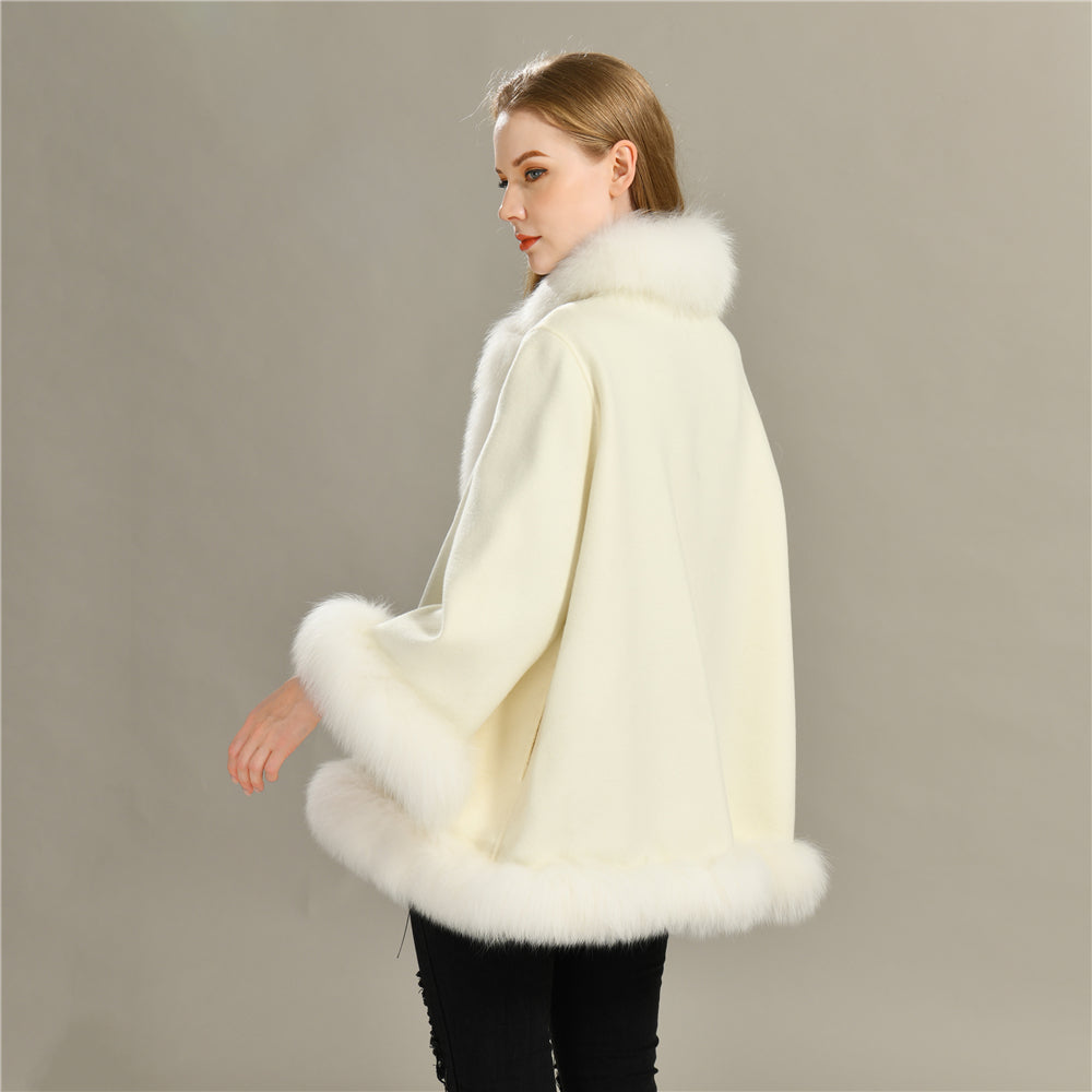 Jaxmonoy Elegant Women Cashmere Coat With Real Fur Collar Luxury Cloak