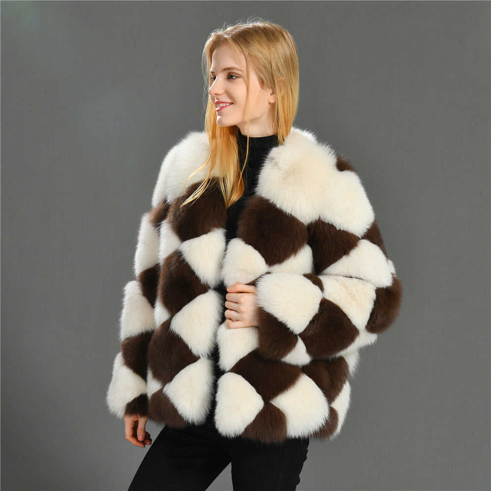 Jaxmonoy Female Two-color Stitching Minimalistic Ladies Real Fox Fur Coat