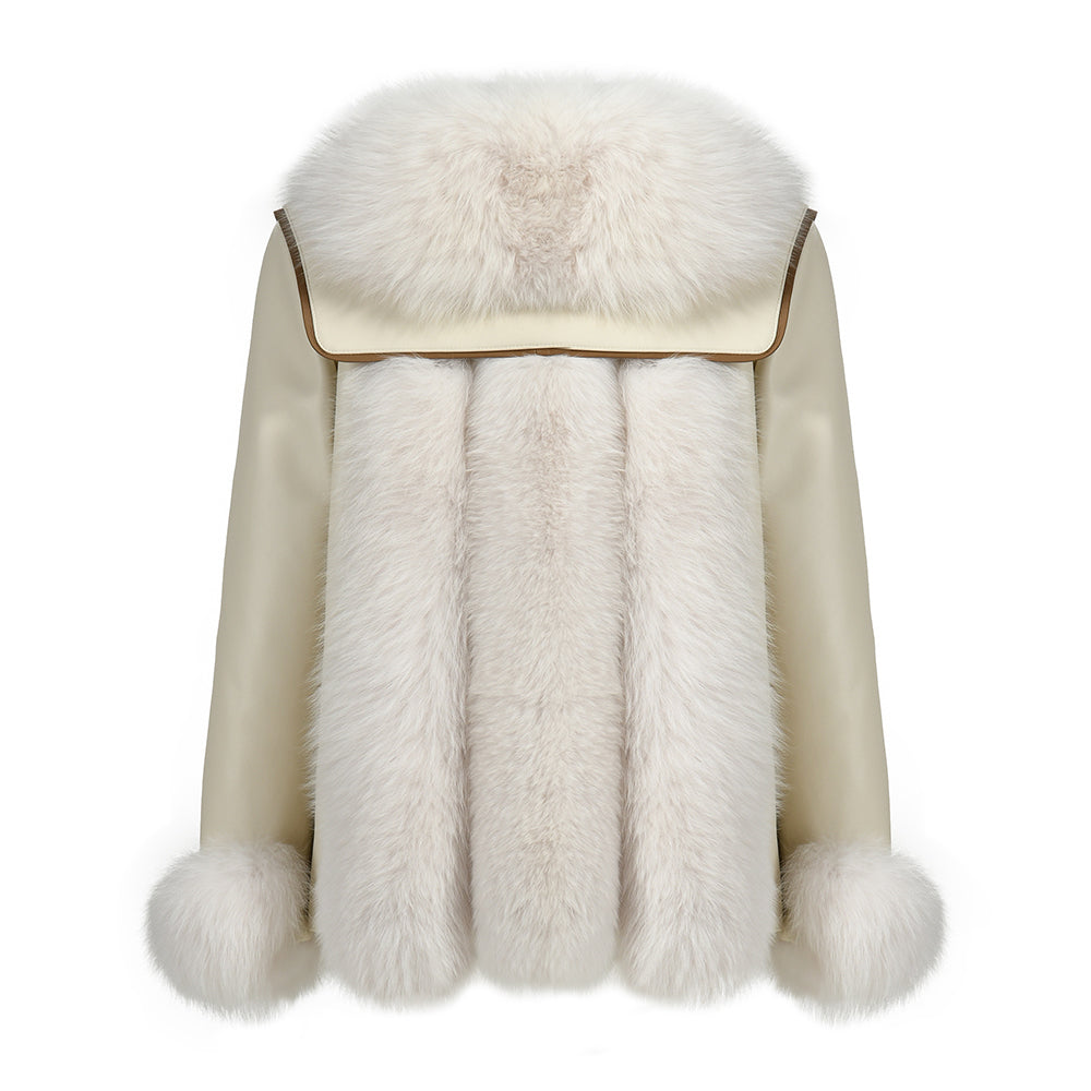 Genuine Leather Jacket With Real Fox Fur V-neck Collar Spring