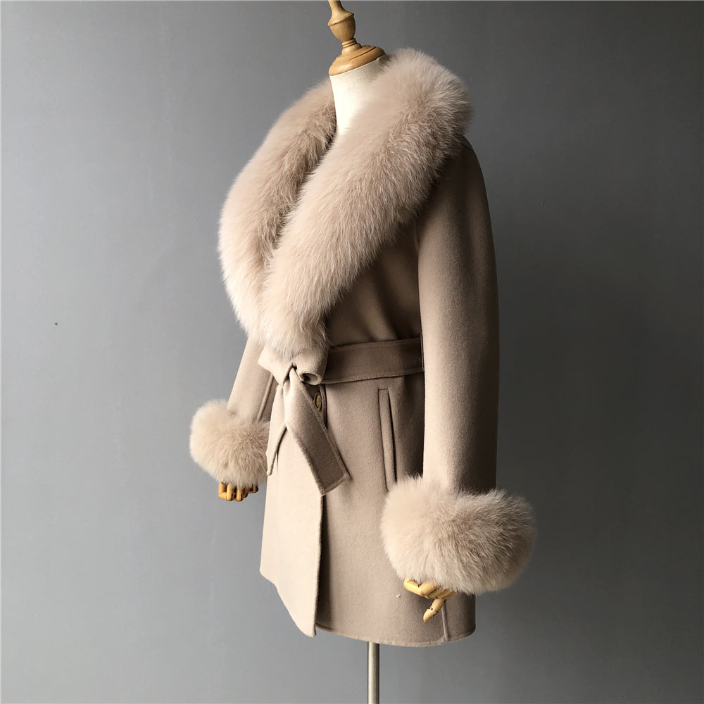 Jaxmonoy Elegant Women Regular Style Cashmere Coat With Real Fox Fur Collar And Cuffs