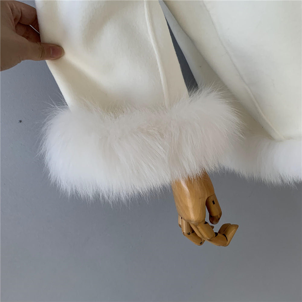 Jaxmonoy Elegant Women Cashmere Coat With Real Fur Collar Luxury Cloak