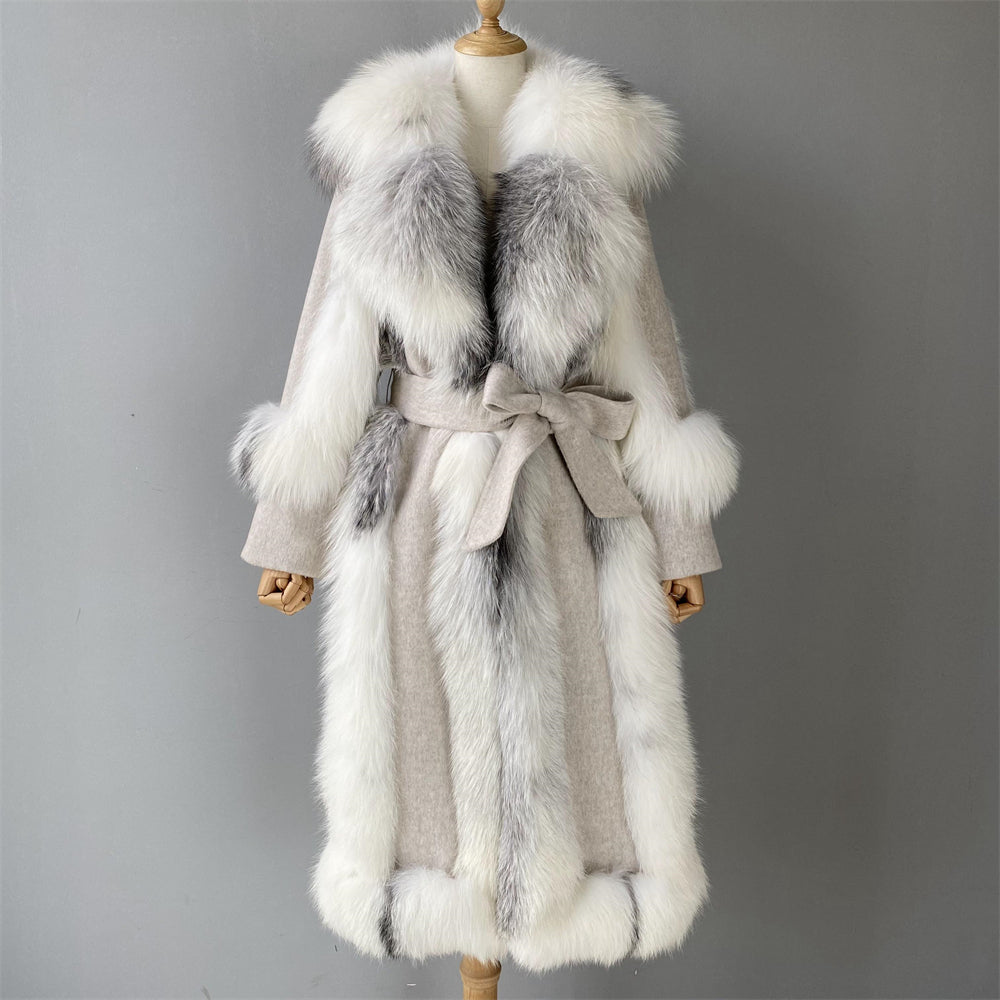 Jaxmonoy Women Wool Coat With Luxury Real Fur Collar And Belt