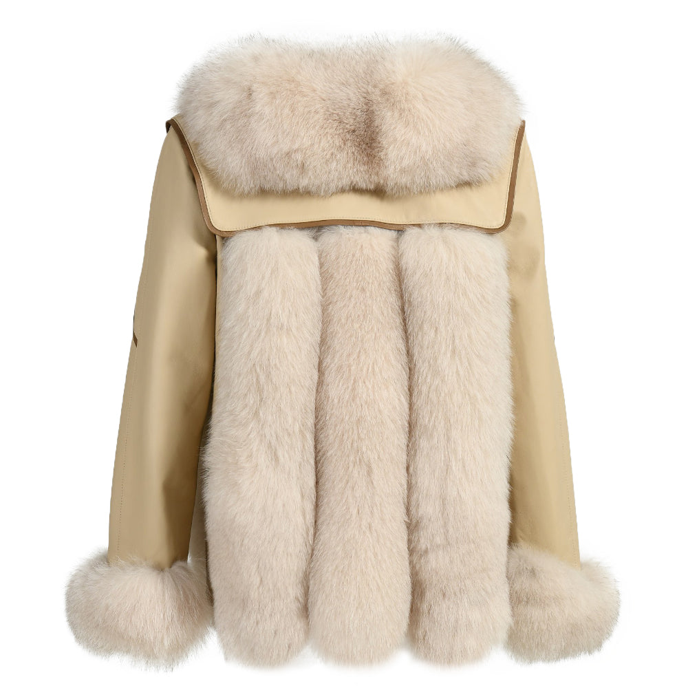 Genuine Leather Jacket With Real Fox Fur V-neck Collar Spring