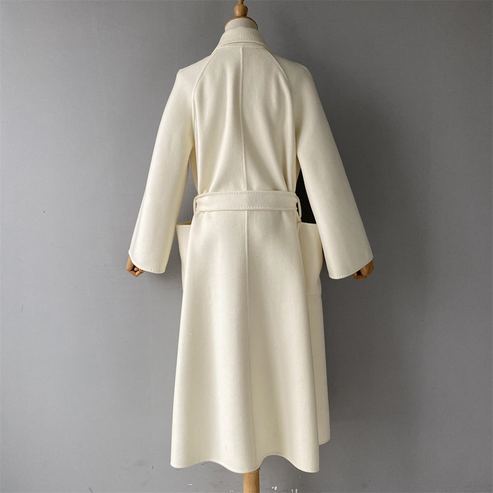 Solid Color Cashmere Coat With Big Side Pocket And Removable Belt