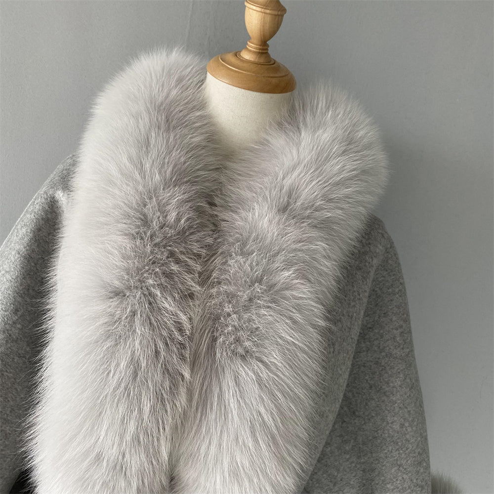 Wholesale Winter Double-sided Hooded Cashmere Coat With Real Fox Fur Collar And Belt Design Fashion Women Real Fox Fur Coat Wool