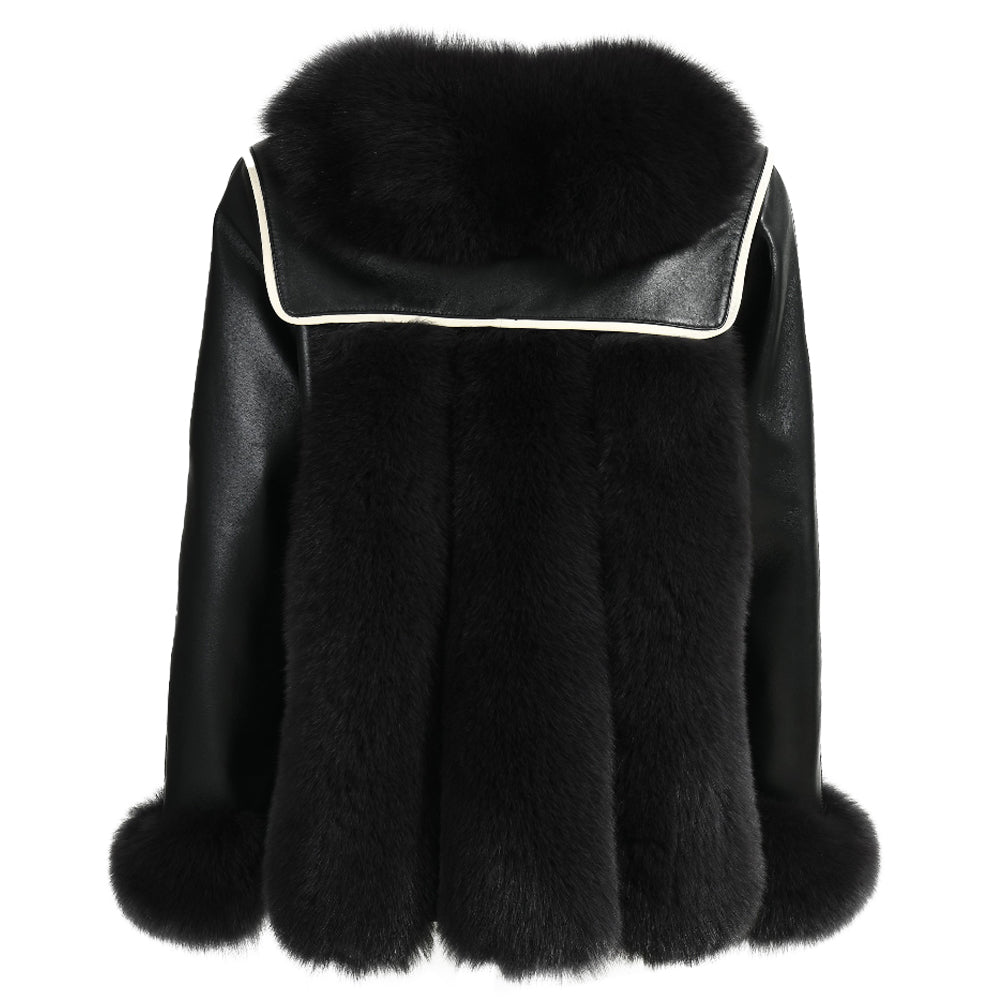 Genuine Leather Jacket With Real Fox Fur V-neck Collar Spring