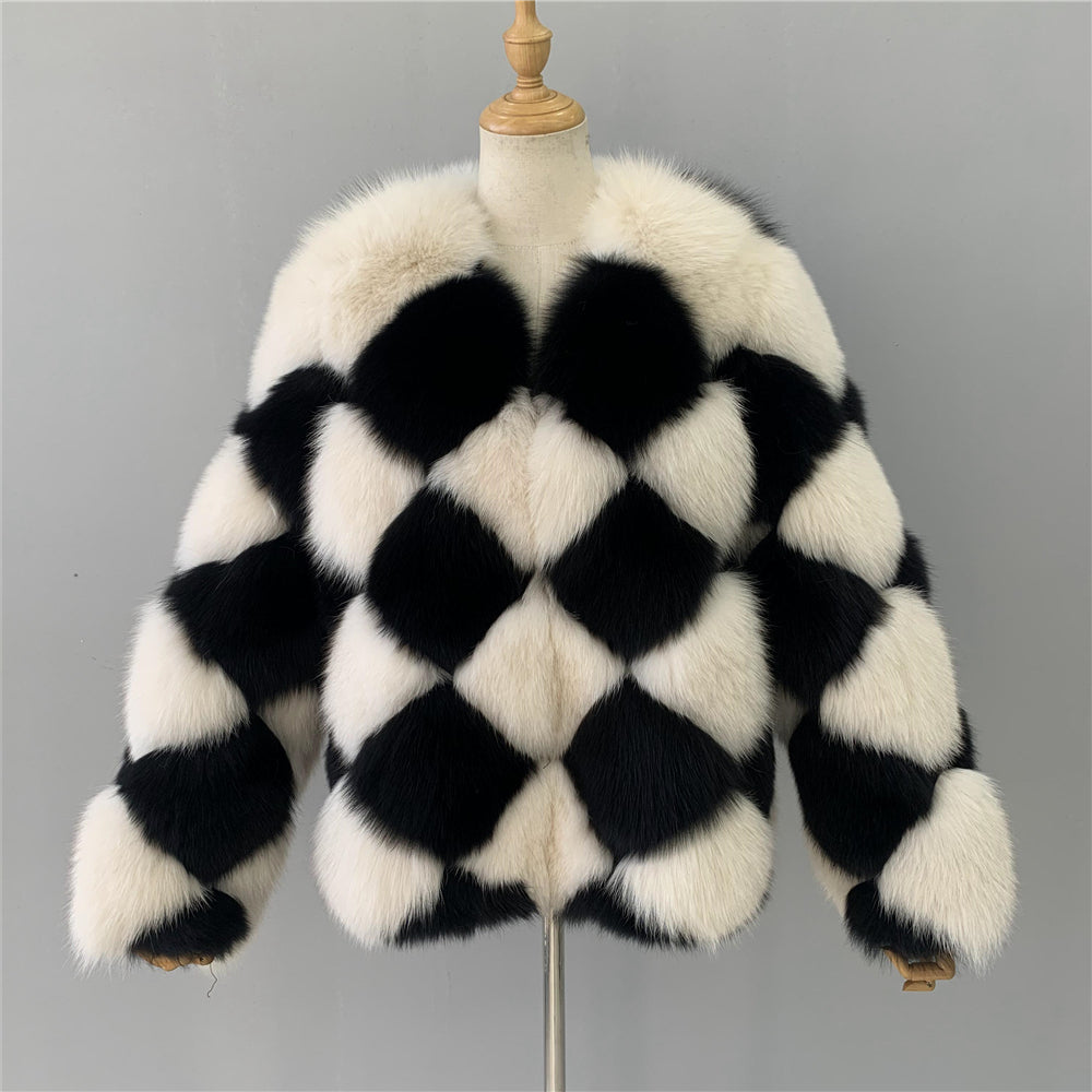 Jaxmonoy Female Two-color Stitching Minimalistic Ladies Real Fox Fur Coat
