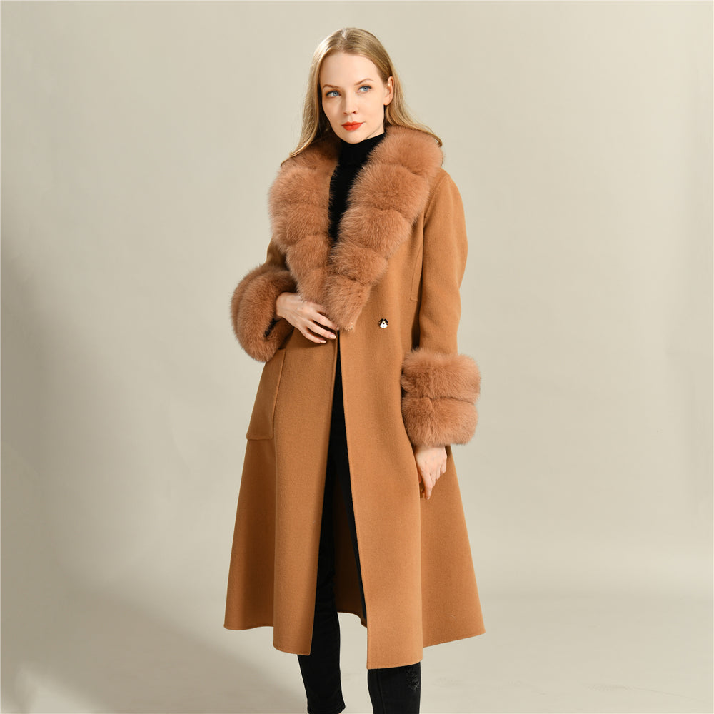 Jaxmonoy Slim Cashmere Coat Long Style Overcoat With Big Real Fur Collar And Double Cuffs