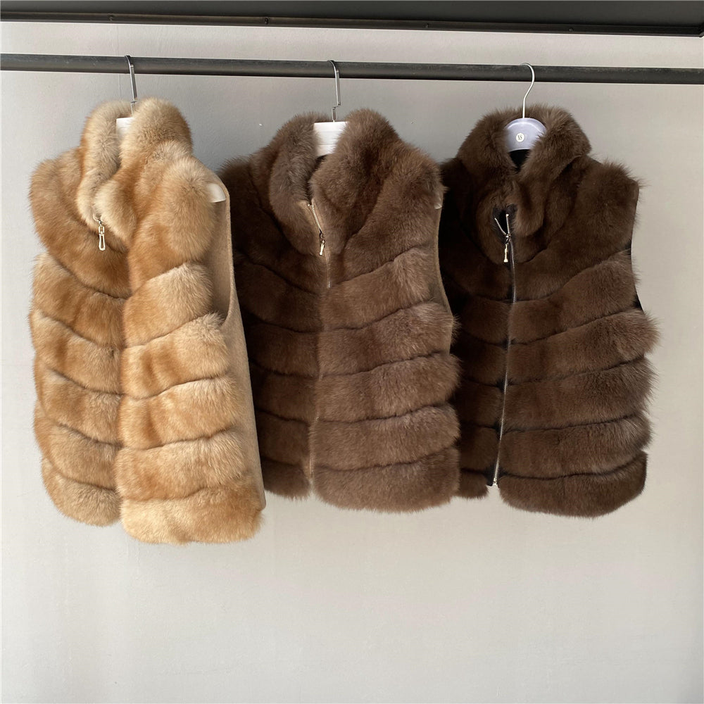 Jaxmonoy Fashionable Real Fluffy Fox Fur Jacket Cashmere Vest