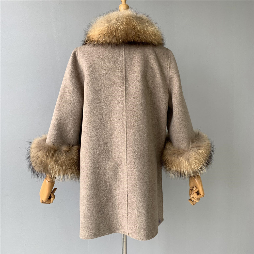 Jaxmonoy Stylish Cashmere Coat With Real Fur Collar And Cuffs Short Style