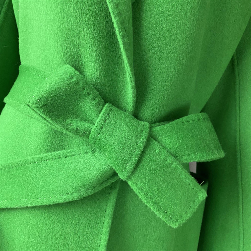 Solid Color Cashmere Coat With Big Side Pocket And Removable Belt