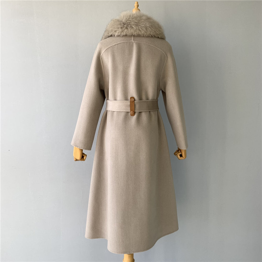 Jaxmonoy Long Style Cashmere Coat With Turn-down Real Fur Collar