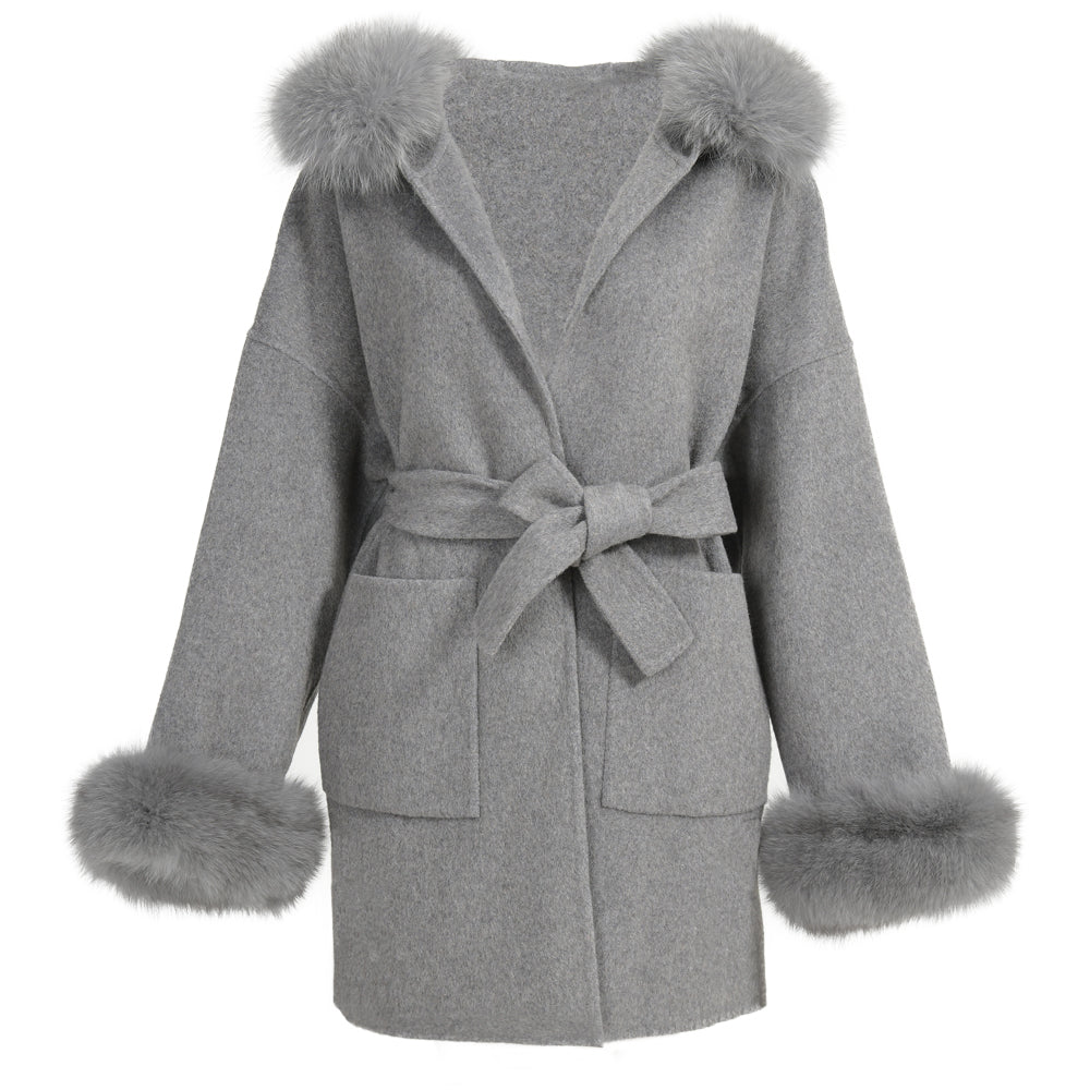 Jaxmonoy Ladies Cashmere Wool Coat Real Fox Fur Collar And Cuffs