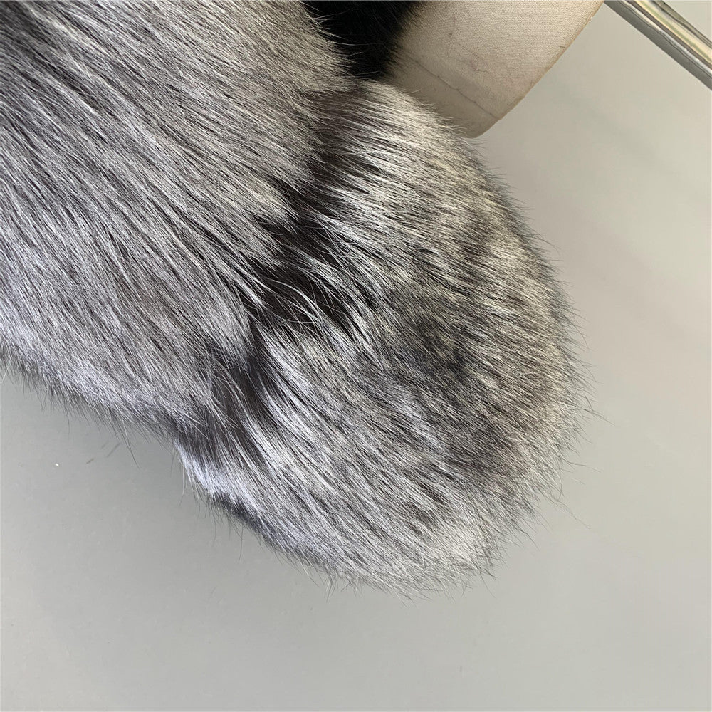 Jaxmonoy Ladies Real Fox Fur With Silver Fox Fur Coat Warm Real Fur Coat
