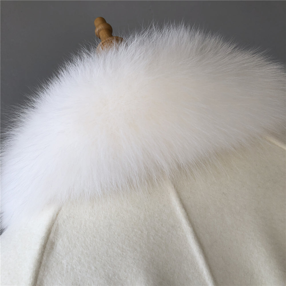 Jaxmonoy Cashmere Wool Coat Big Real Fur Collar