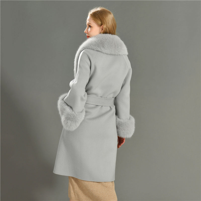 Jaxmonoy Fashionable Women Cashmere Coat With Big Real Fur Collar And Cuffs
