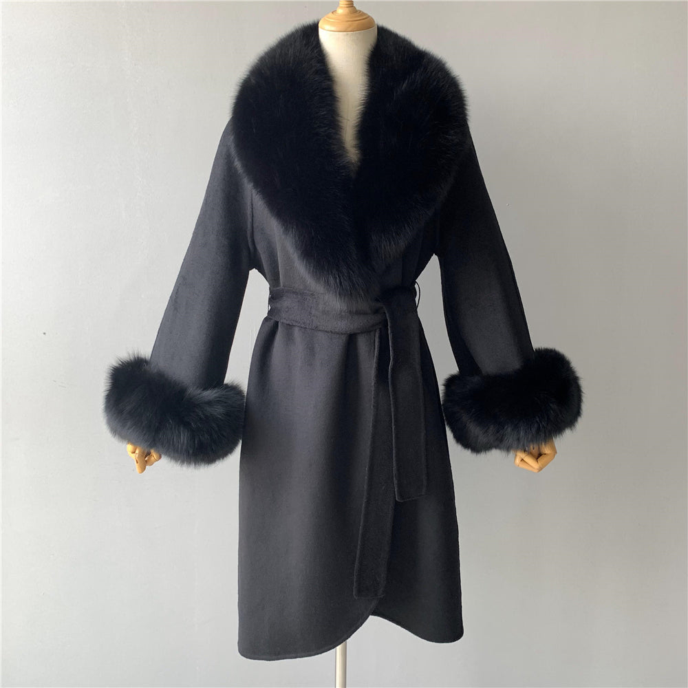 Jaxmonoy Fashionable Women Cashmere Coat With Big Real Fur Collar And Cuffs
