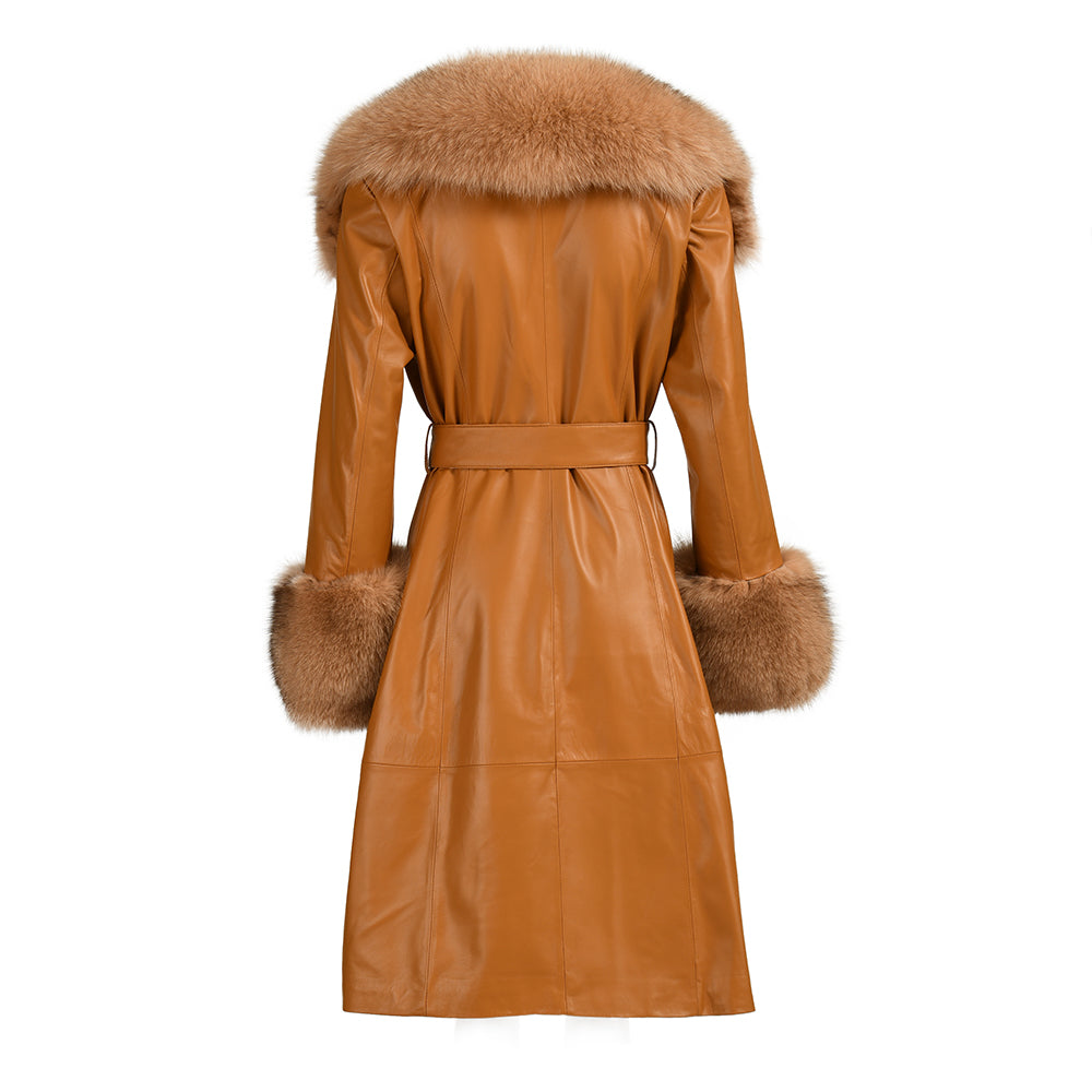 Winter Thick Warm Leather Trench Coat With Real Fox Fur Collar And Cuffs Fashion Long Genuine Leather Coat For Women