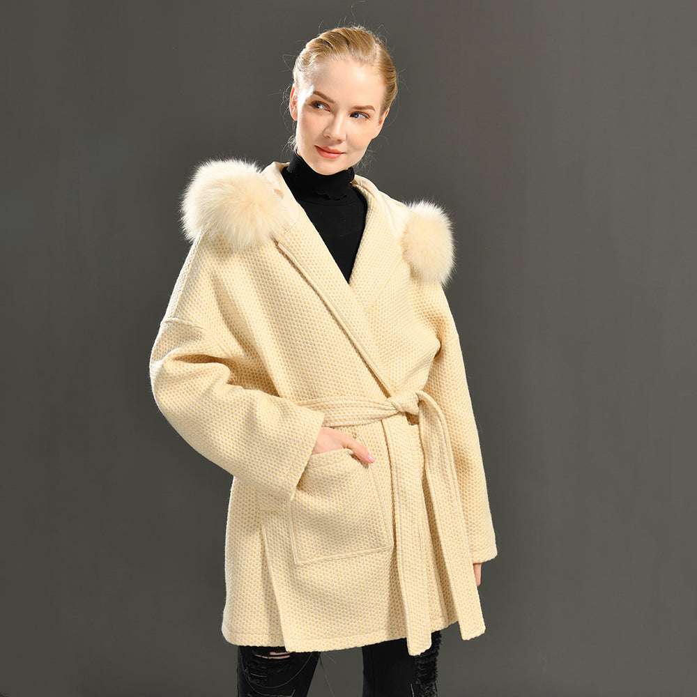Jaxmonoy Autumn And Winter Cashmere Coat With Real Big Fur Collar