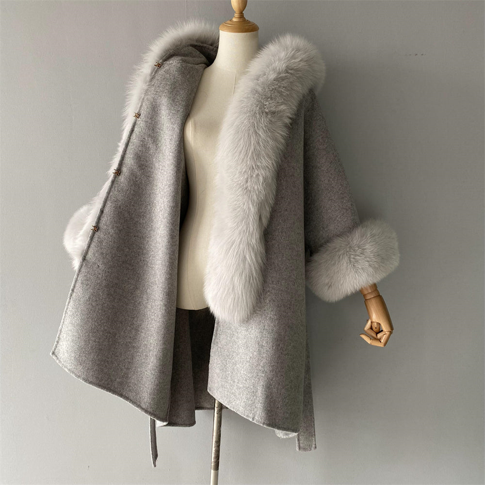 Wholesale Winter Double-sided Hooded Cashmere Coat With Real Fox Fur Collar And Belt Design Fashion Women Real Fox Fur Coat Wool