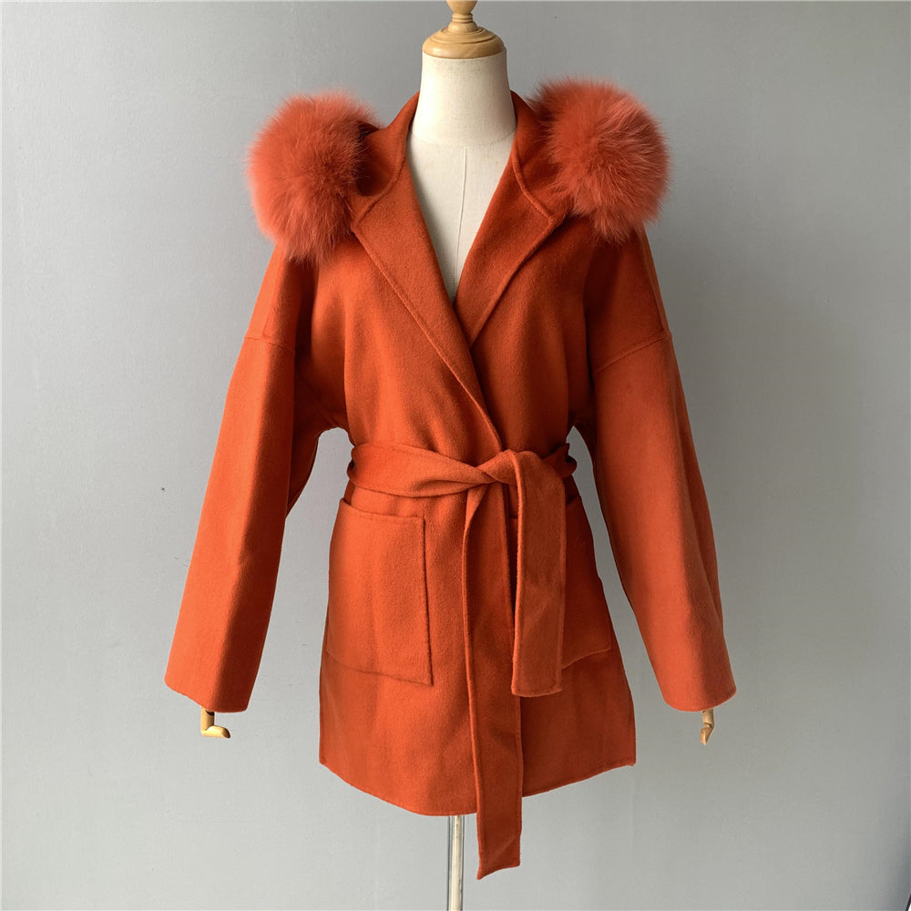 Jaxmonoy Oversize Loose Cashmere Wool Coat with Real Fox Fur Collar Winter Women Hood Outerwear Belt