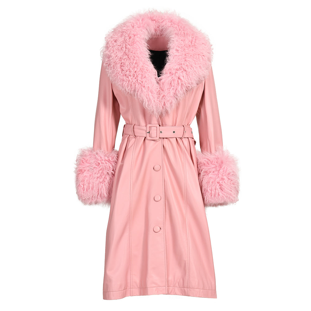 Custom Color Belt Design Genuine Leather Trench Coat With Sheep Fur