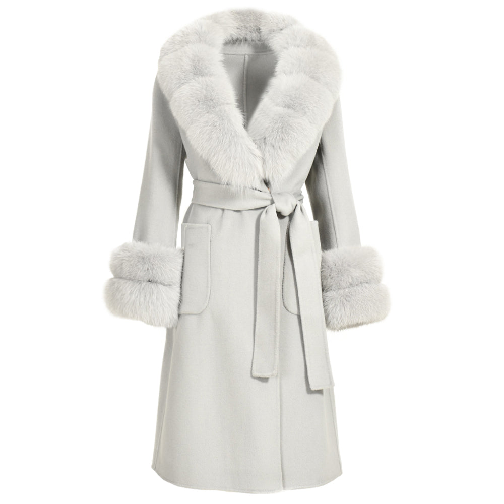 Jaxmonoy Slim Cashmere Coat Long Style Overcoat With Big Real Fur Collar And Double Cuffs