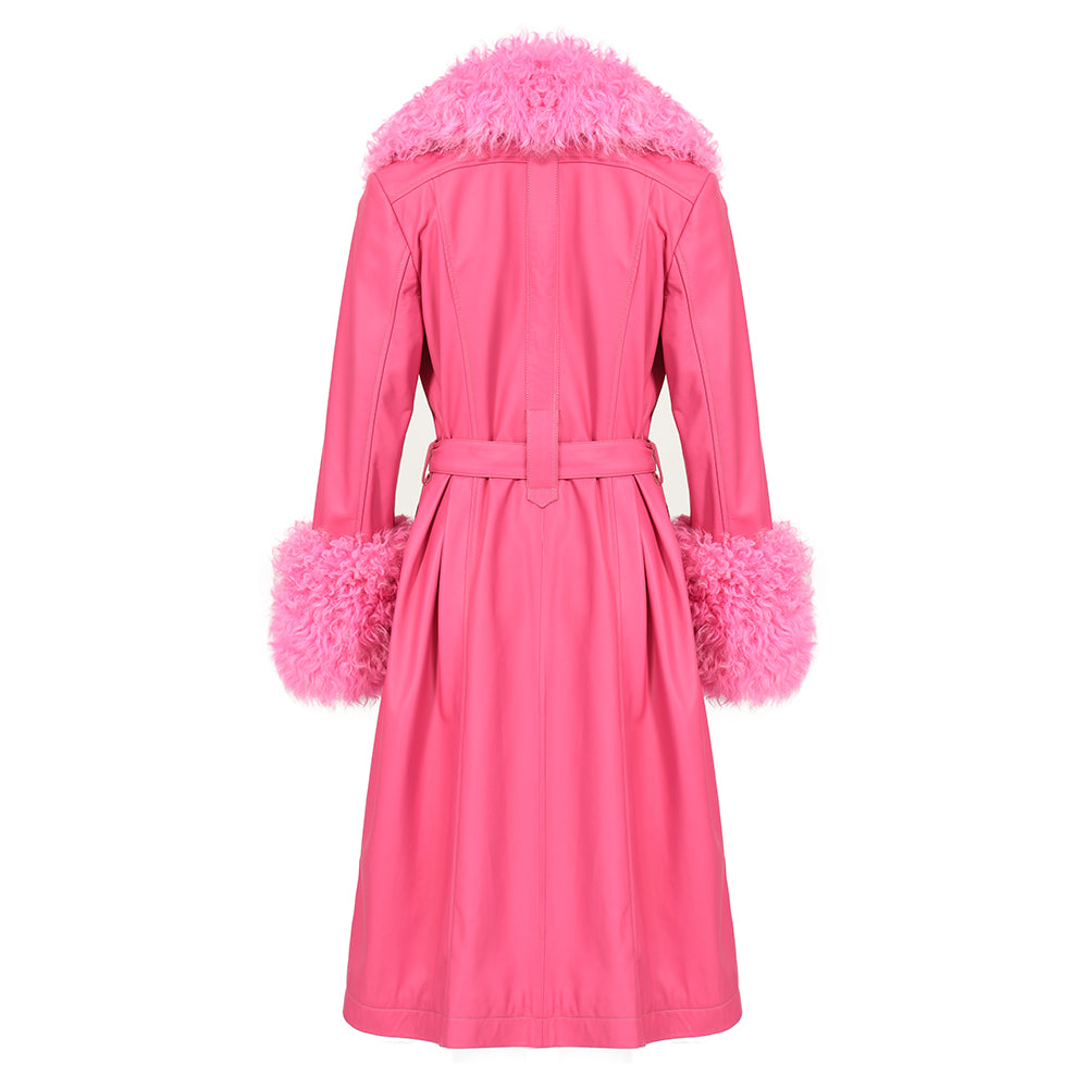 Custom Color Belt Design Genuine Leather Trench Coat With Sheep Fur