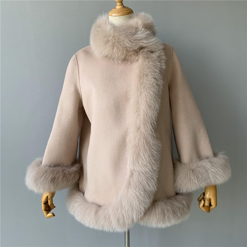 Jaxmonoy Elegant Women Cashmere Coat With Real Fur Collar Luxury Cloak