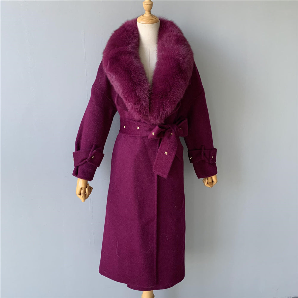 Jaxmonoy Cashmere Coat With Real Fur Collar And Rivet On The Belt
