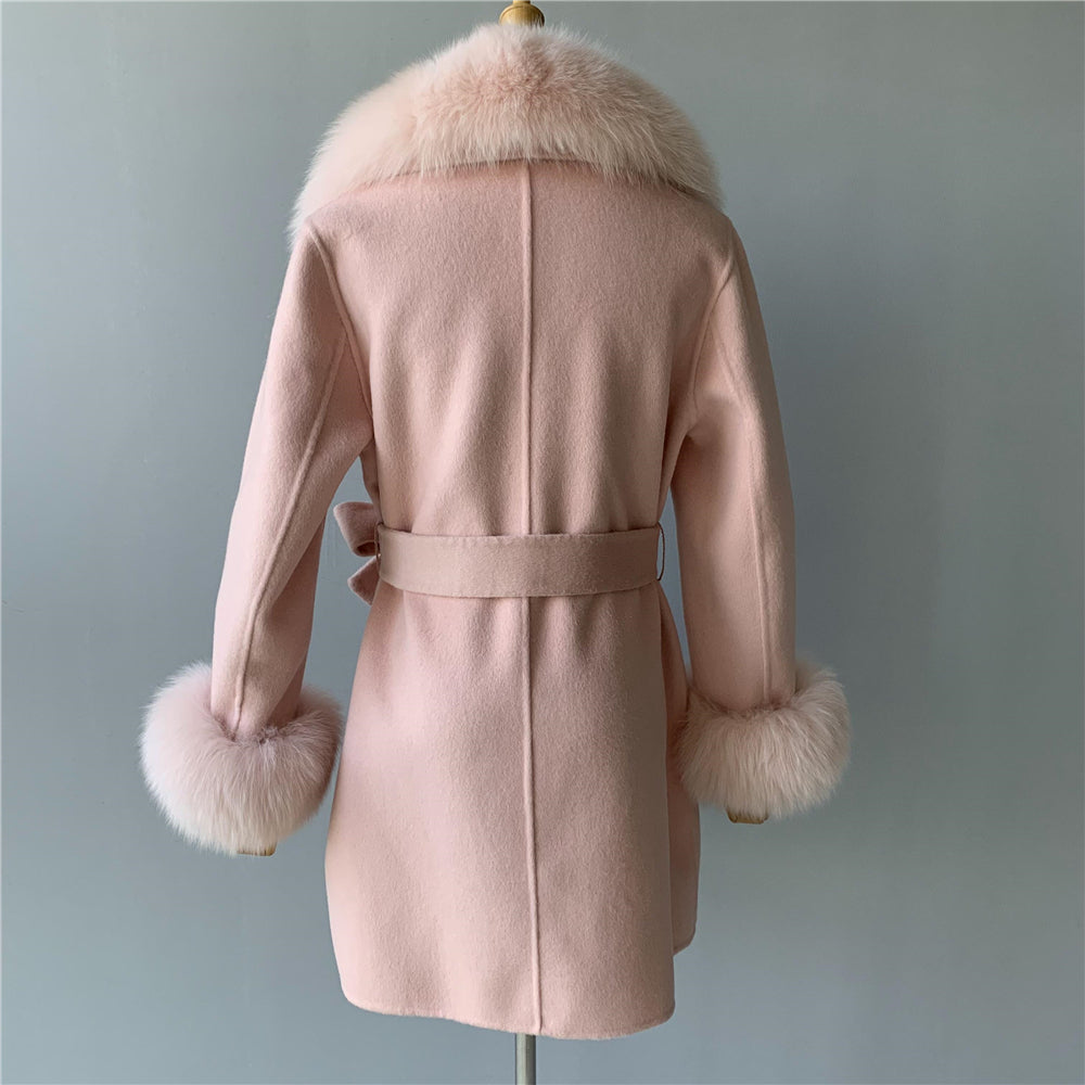 Jaxmonoy Real Fur Cashmere With Comfortable Fur Collar And Cuffs