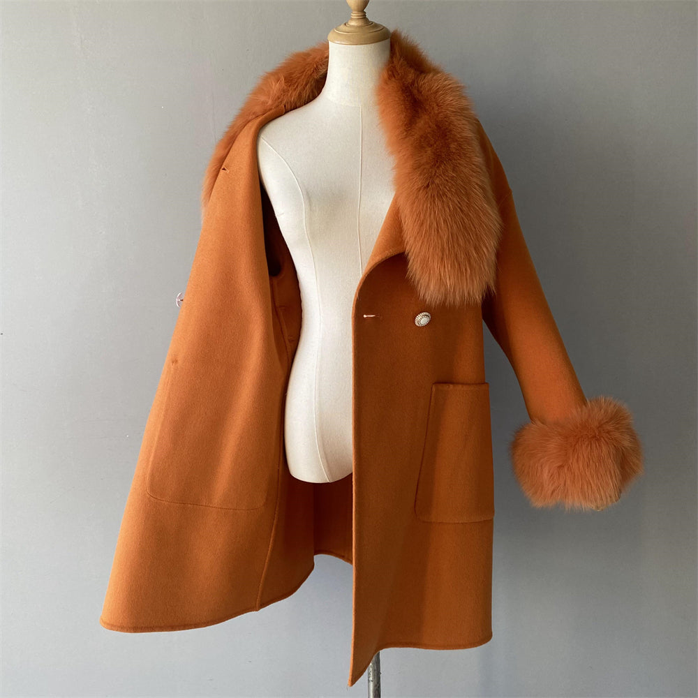 Wholesale Cashmere Coat With Real Detachable Fox Fur Scarf And Cuffs Winter High Quality Wool Blend Coats For Women