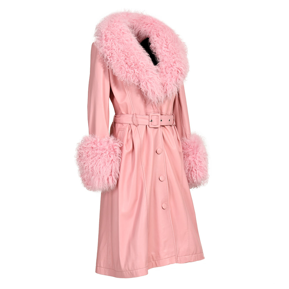 Custom Color Belt Design Genuine Leather Trench Coat With Sheep Fur