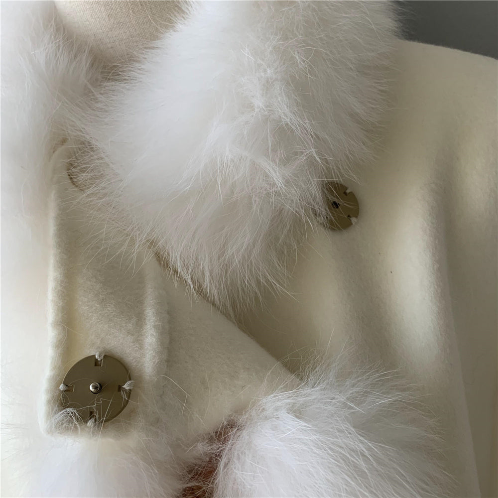 Jaxmonoy Elegant Women Cashmere Coat With Real Fur Collar Luxury Cloak