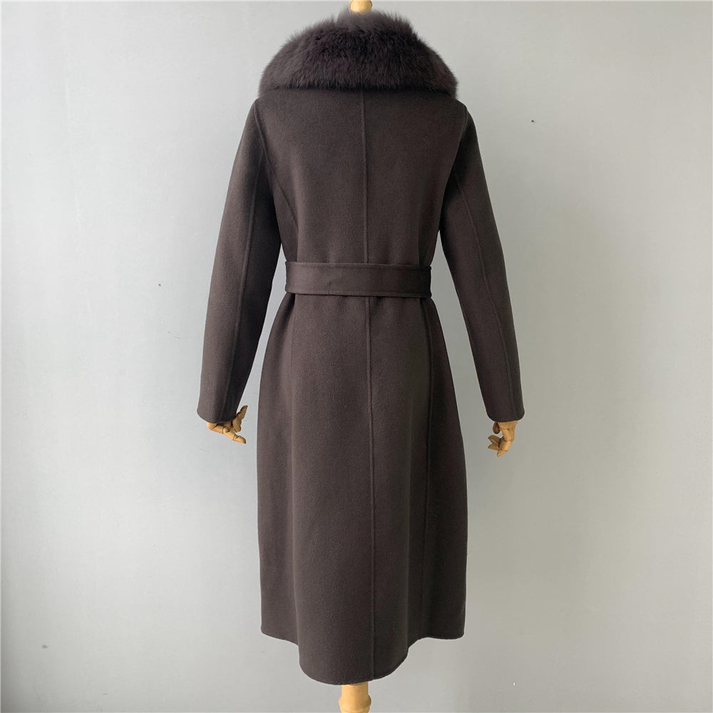 Jaxmonoy Stylish Cashmere Coat Fluffy Fox Fur Collar