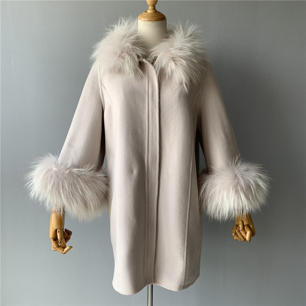 Jaxmonoy Stylish Cashmere Coat With Real Fur Collar And Cuffs Short Style