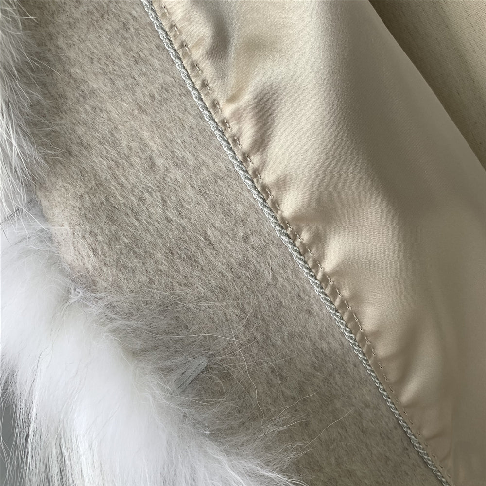 Jaxmonoy Women Wool Coat With Luxury Real Fur Collar And Belt