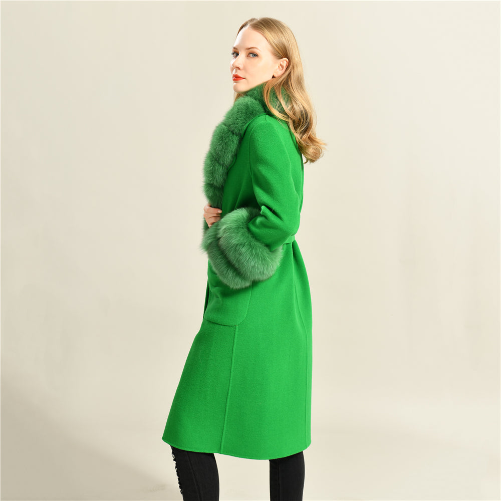 Jaxmonoy Slim Cashmere Coat Long Style Overcoat With Big Real Fur Collar And Double Cuffs