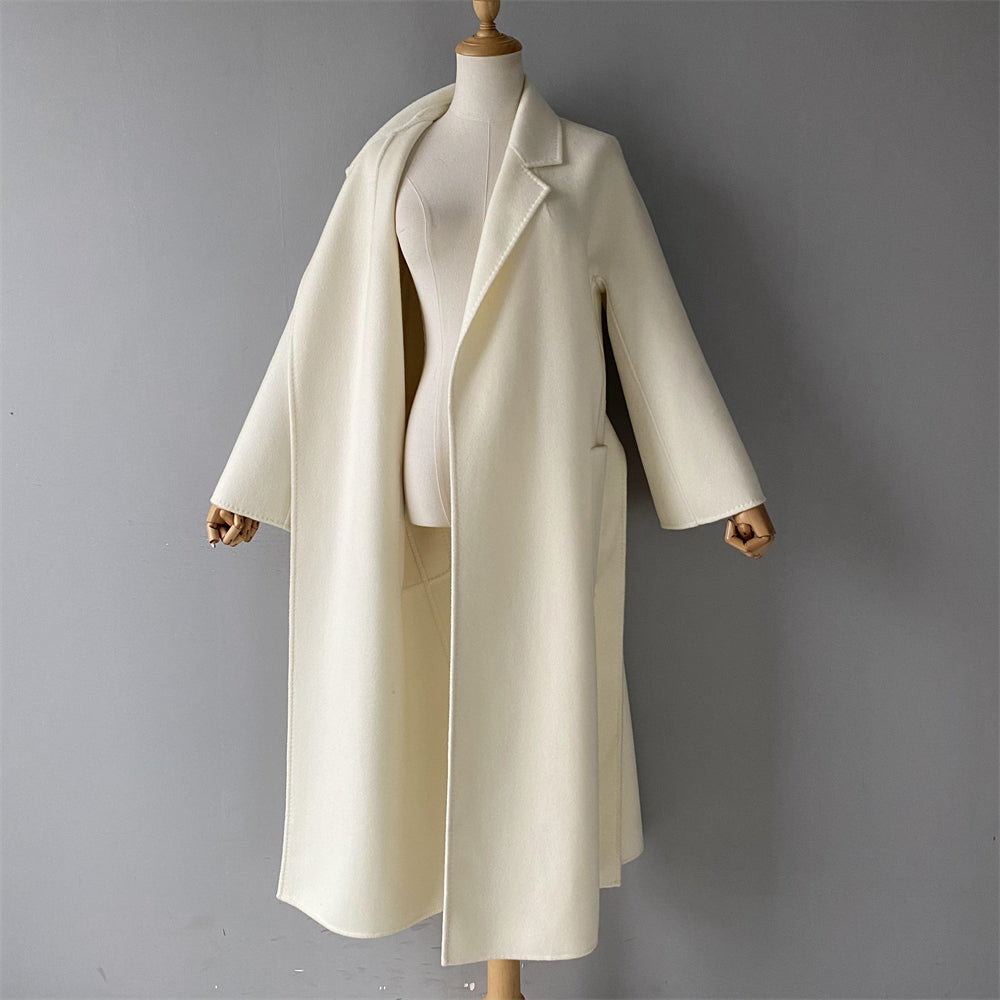 Solid Color Cashmere Coat With Big Side Pocket And Removable Belt